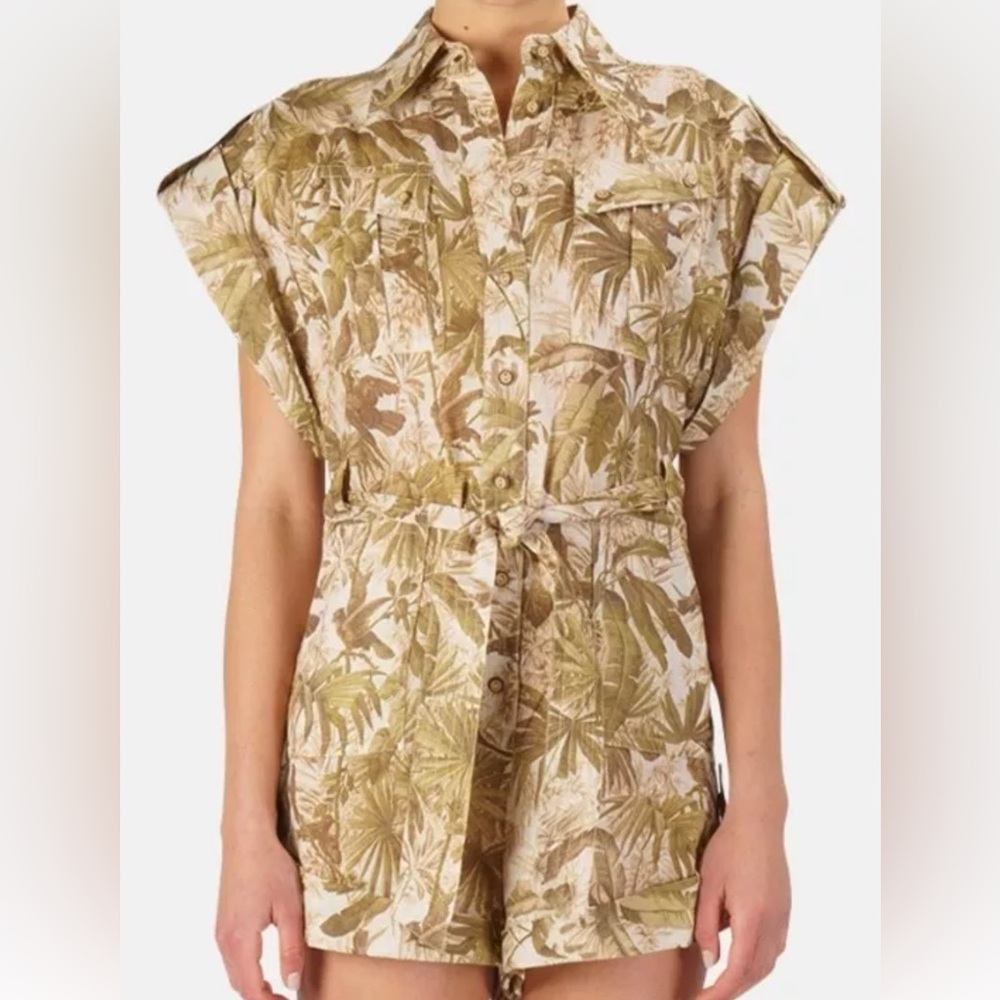 Zimmerman Brighton Palm-Print Belted Linen Playsuit